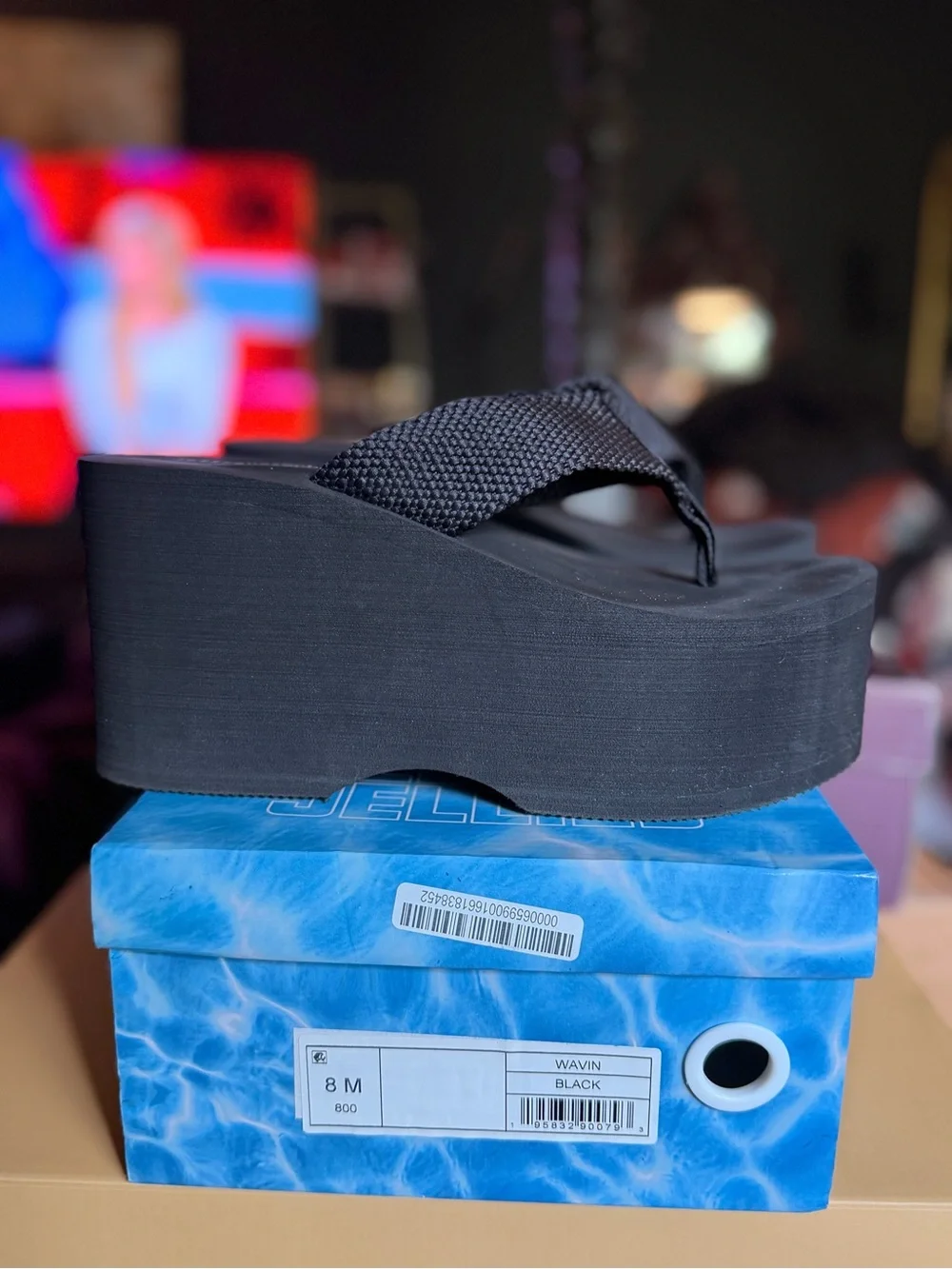 Jeffrey Campbell JELLIES Wavin Black Woven Platform Thong Sandals